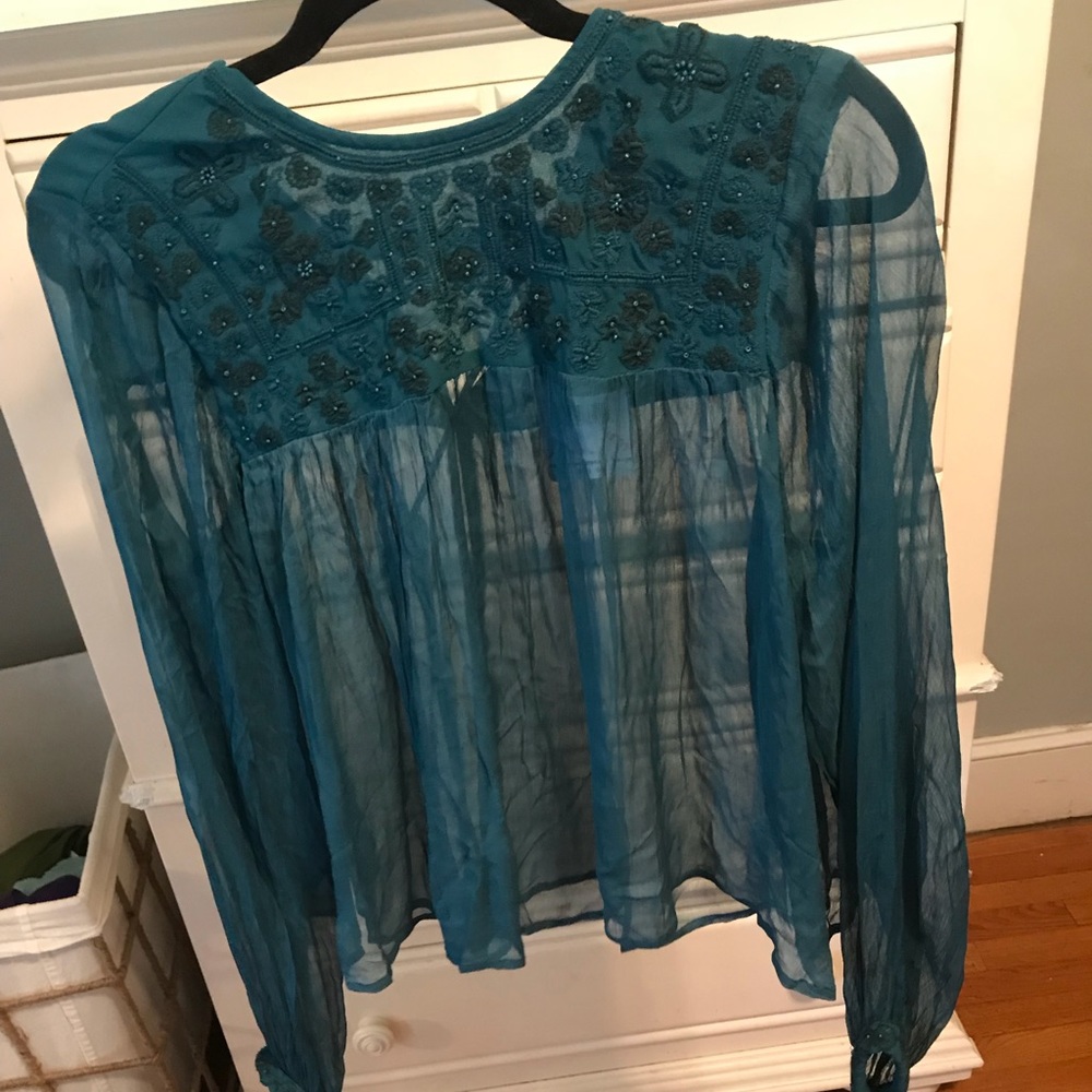 Free People Turquoise Embroidered Top